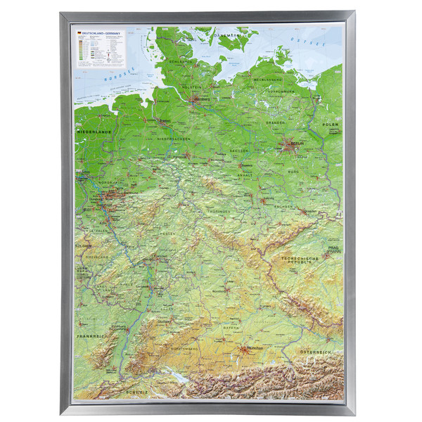 Georelief Harta in relief 3D a Germaniei, mare, in cadru de aluminiu (in germana)