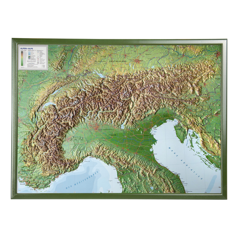 Georelief Harta in relief 3D a Alpilor, mare, in cadru de lemn (in germana)