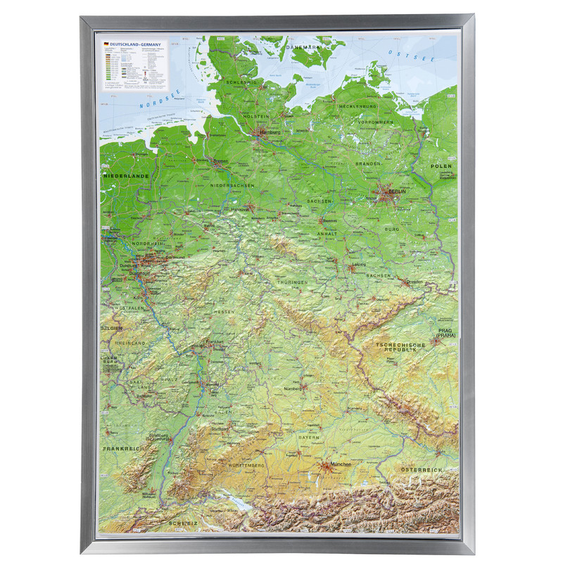 Georelief Harta in relief 3D a Germaniei, mare, in cadru de aluminiu (in germana)