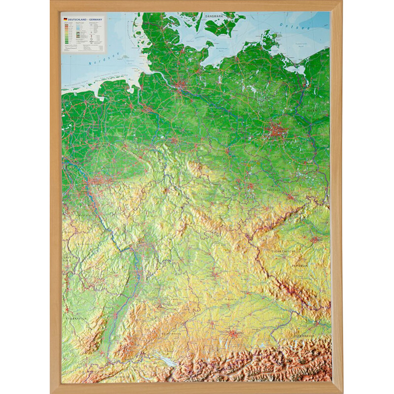 Georelief Harta in relief 3D a Germaniei, mare, in cadru de lemn (in germana)