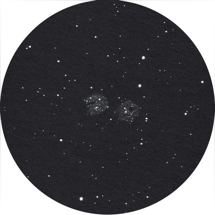 Desen h și χ Persei privit printr-un binoclu 20×125. Uwe Glahn