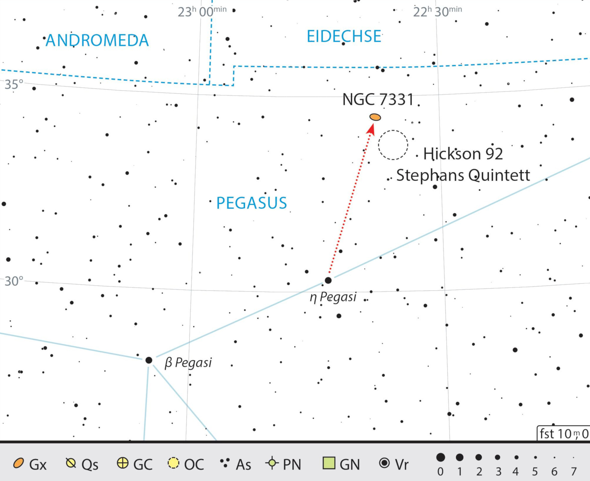 Hartă de căutare pentru NGC 7331 și grupul de galaxii Hickson 92 situat la sud-sud-vest. J. Scholten