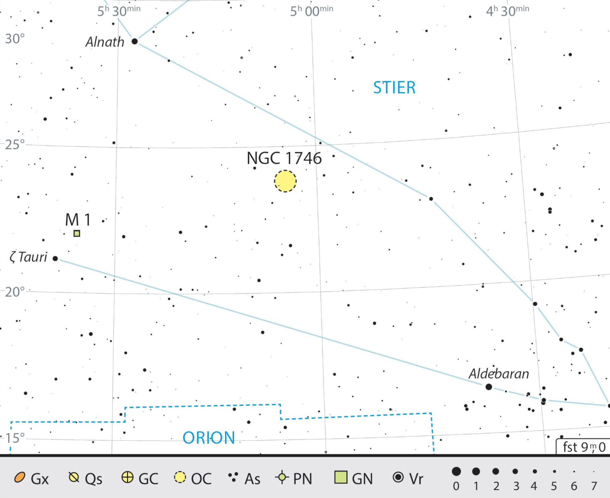Harta de căutare a nebuloasei Messier 1 din constelația Taurul. J. Scholten