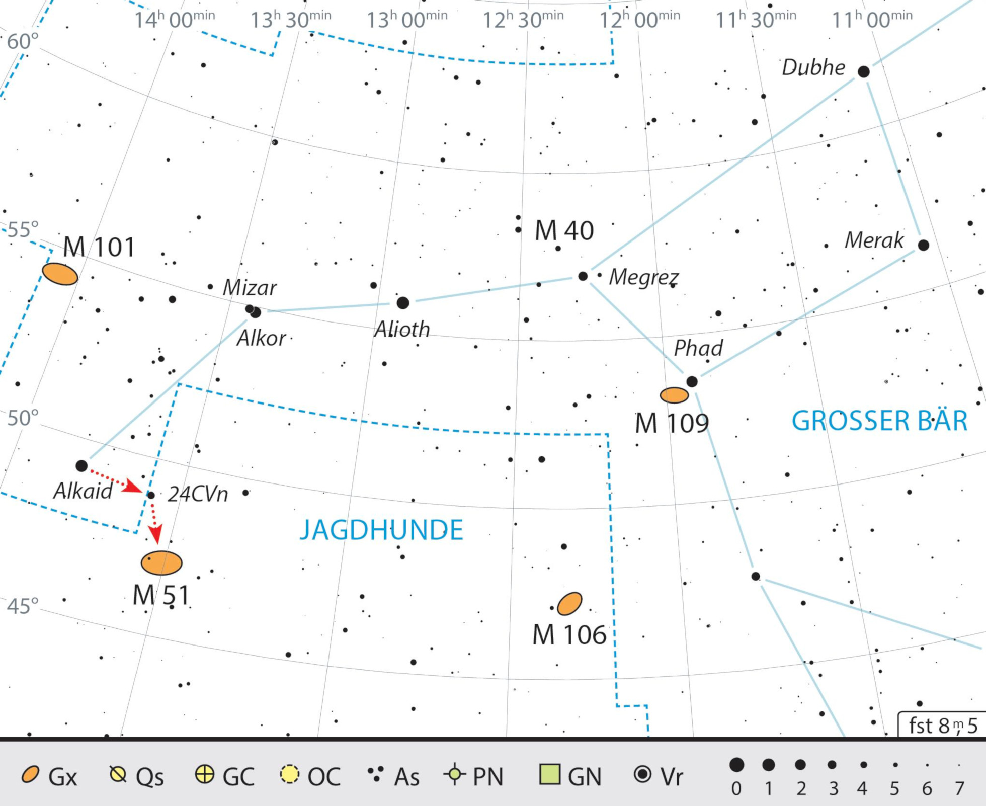 Hartă de căutare pentru galaxia M 51 din constelația Câinii de vânătoare. J. Scholten