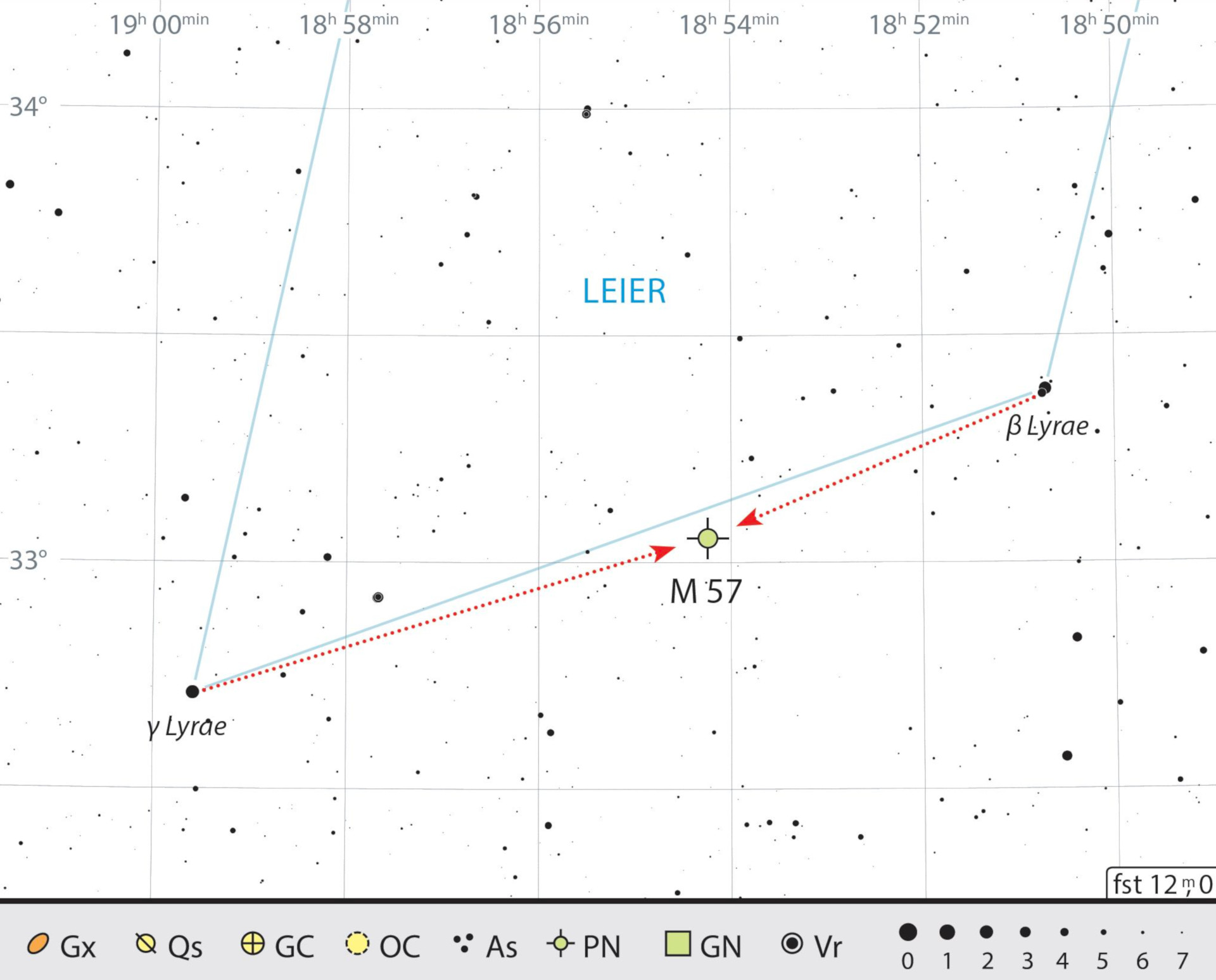 Harta de căutare a nebuloasei Inel din constelația Lira. J. Scholte