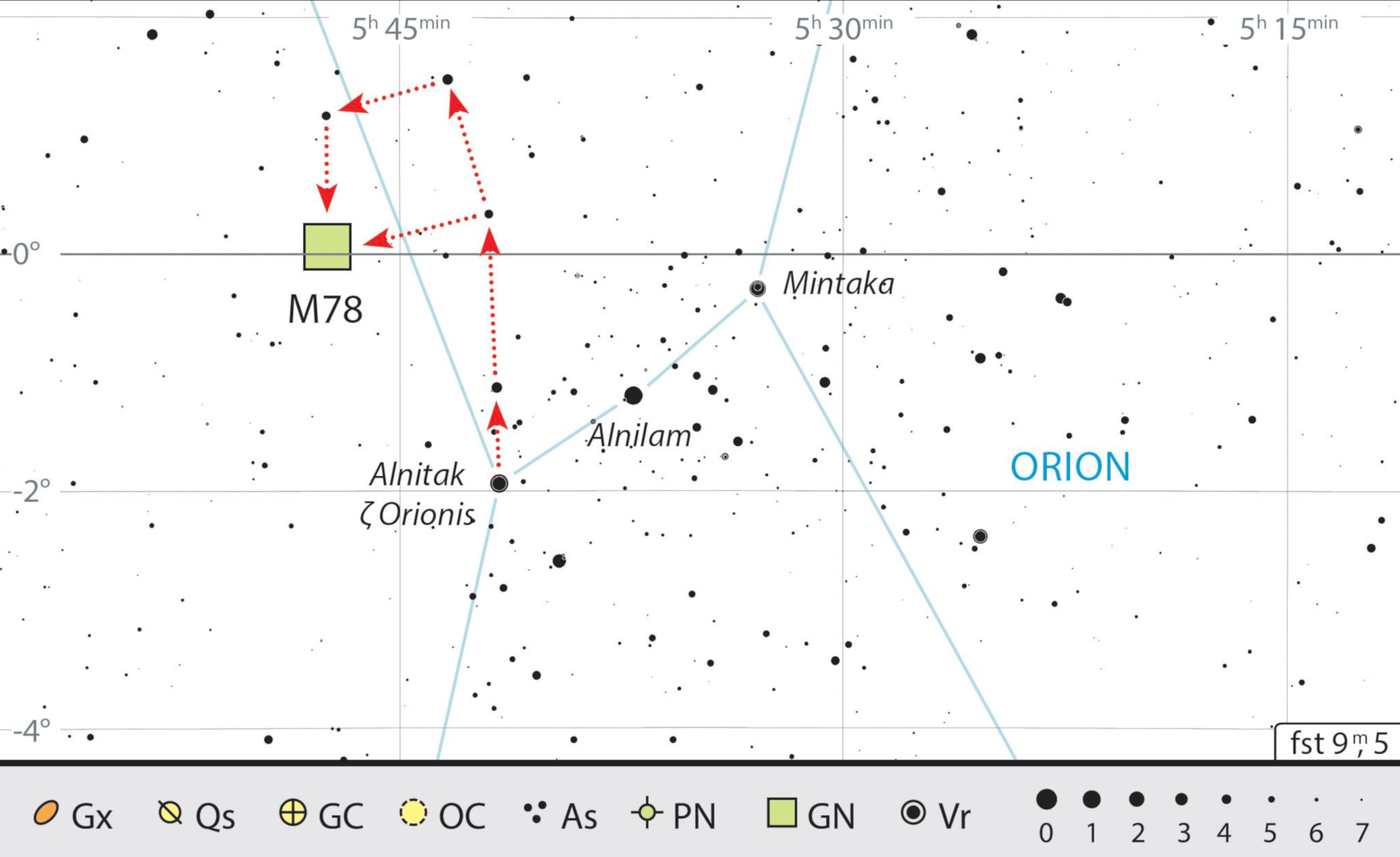 Hartă de căutare pentru M 78 în Orion. J. Scholten