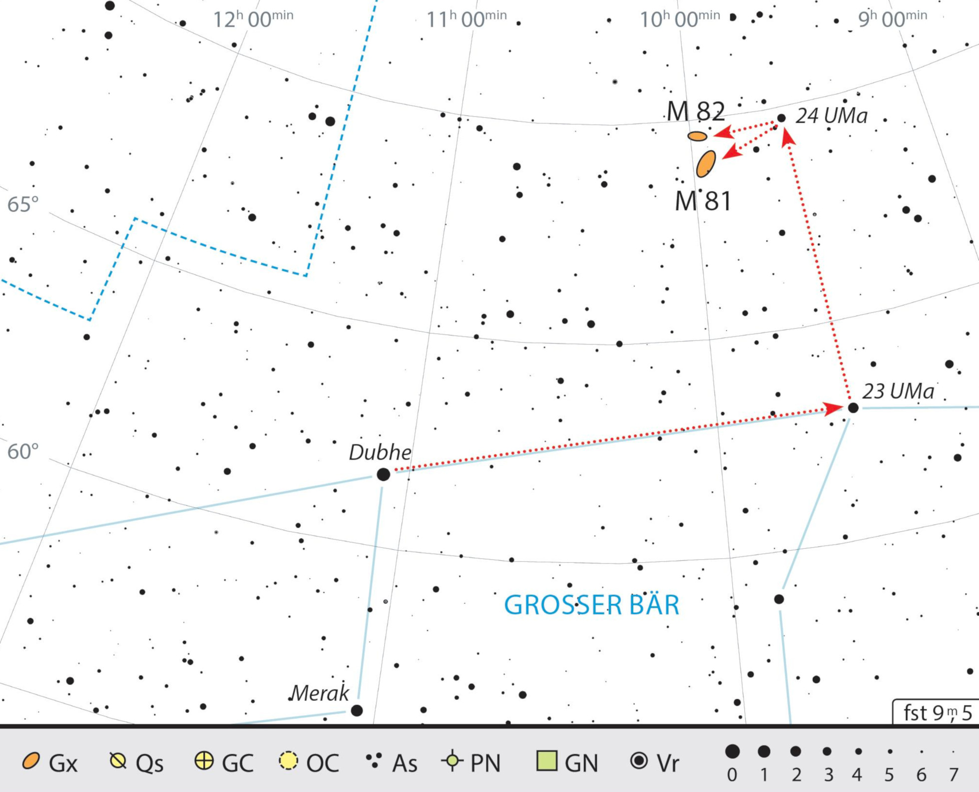 Hartă de căutare pentru galaxiile M 81 și M 82 din constelația Ursa Mare. J. Scholten