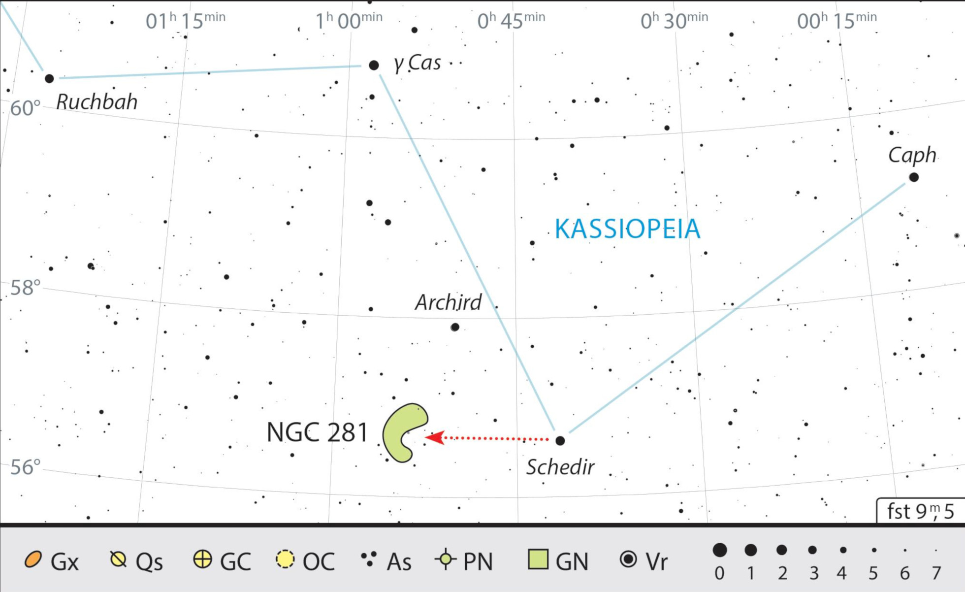 Nebuloasa Pacman se află foarte aproape de α Cas (Schedir), steaua principală din constelația Cassiopeia. J. Scholten