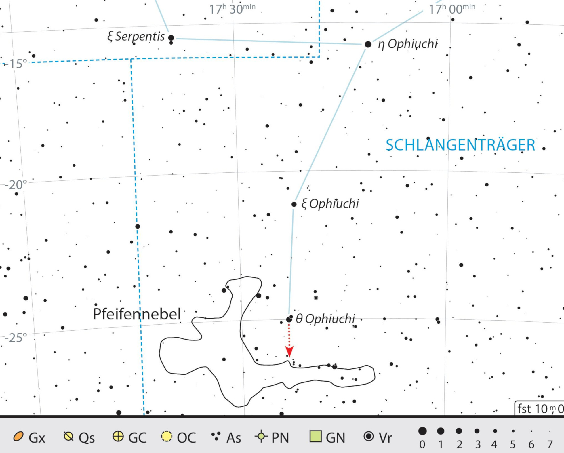 Harta de căutare a nebuloasei Pipa din constelația Omul cu șarpele. J. Scholten