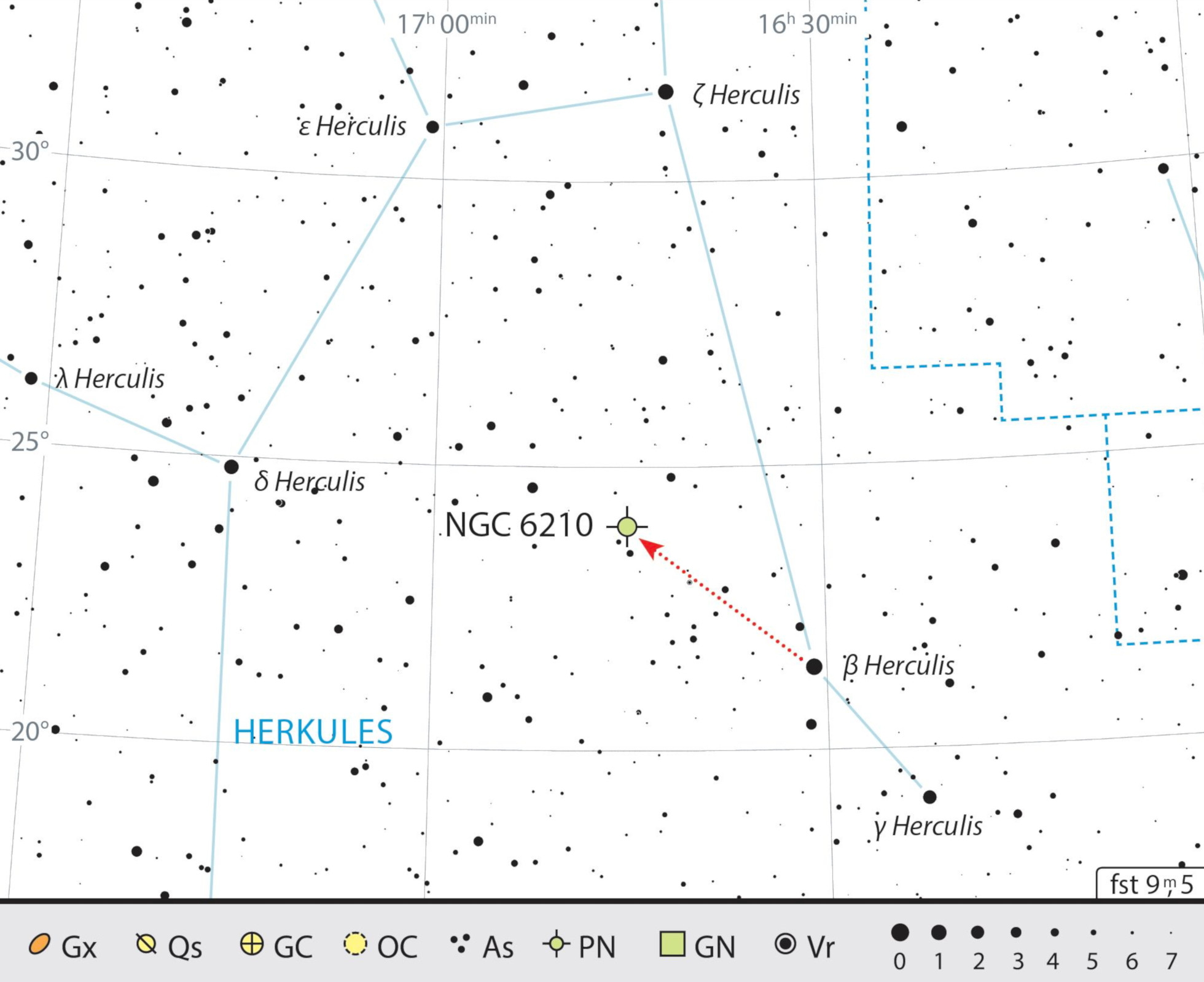 Hartă de căutare pentru nebuloasa NGC 6210 din constelația Hercule. J. ScholtenBroască-țestoasă care înoată
Norii de gaz ejectați strălucesc atât de intens în verde-albăstrui datorită liniilor spectrale dominante ale oxigenului ionizant simplu (albastru) și dublu (verde). Imaginile de înaltă rezoluție realizate de telescopul spațial Hubble arată cum steaua centrală ejectează patru jeturi de gaz foarte fierbinte în învelișul de gaz mai vechi și astfel mai rece. Deoarece nebuloasa este ovală, iar cele patru jeturi ies din învelișul de gaz ca niște piciorușe, nebuloasa arată ca o broască țestoasă de apă care înoată. Acest lucru i-a adus nebuloasei NGC 6210 porecla Broasca-țestoasă (Turtle in space, în limba engleză)