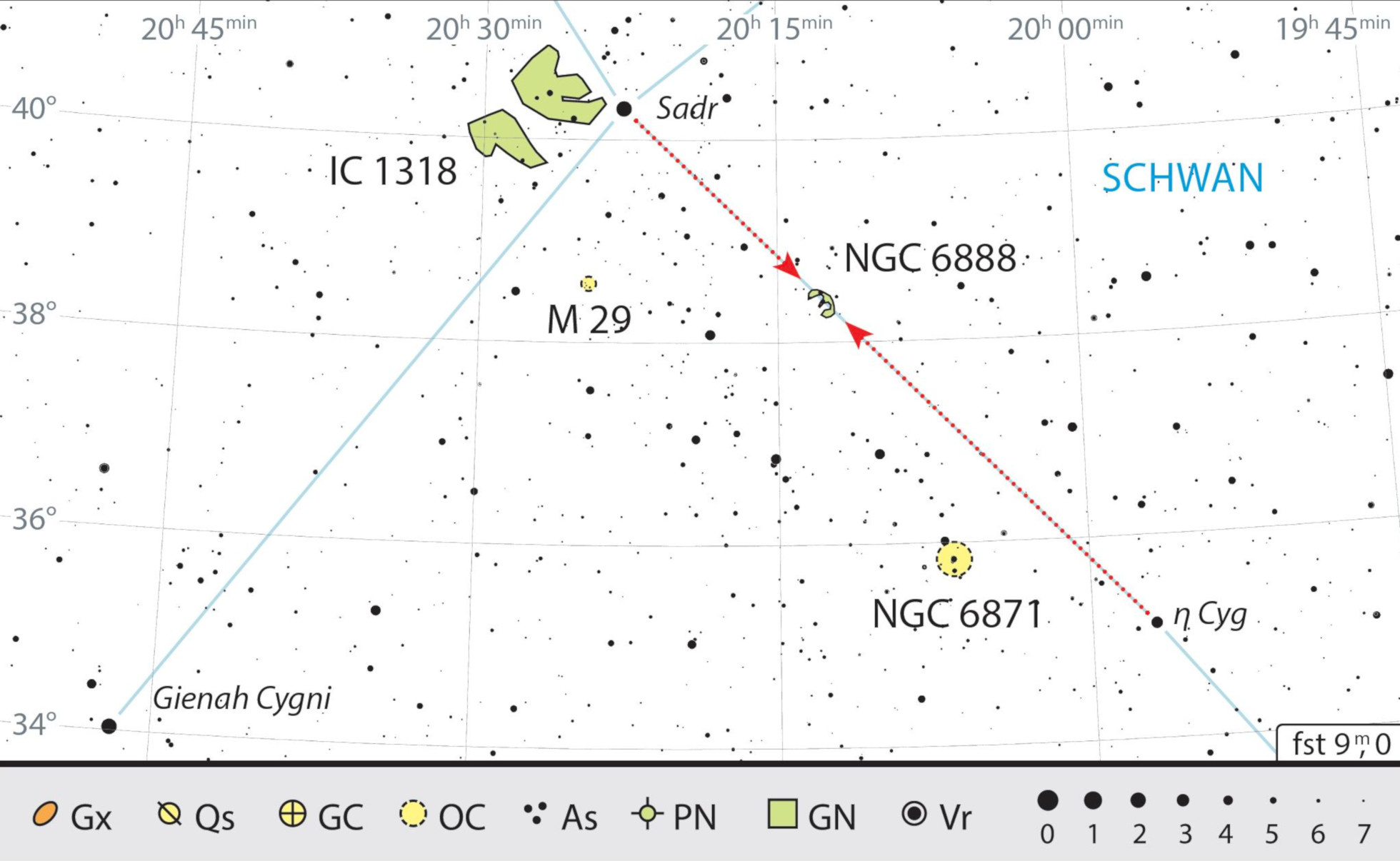 Nebuloasa Semilună (Crescent) se găsește la aproximativ o treime din distanța dintre Sadr (γ Cyg) și η Cyg. J. Scholten
