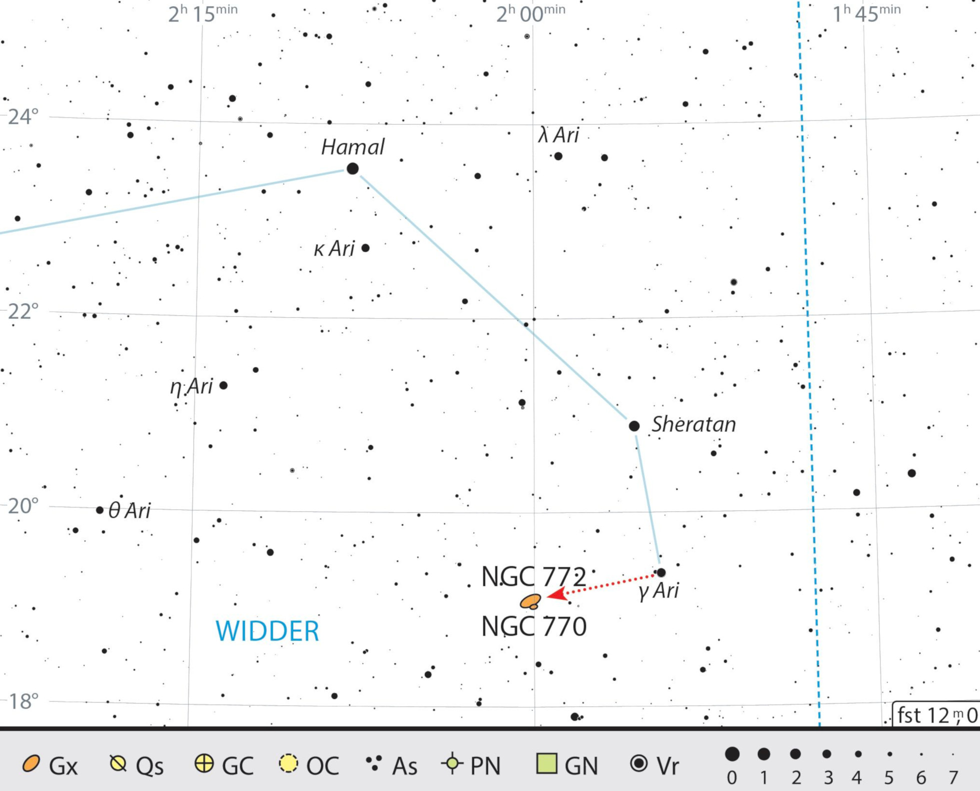 Hartă de căutare a galaxiei NGC 772 în constelația Berbec. J. Scholten