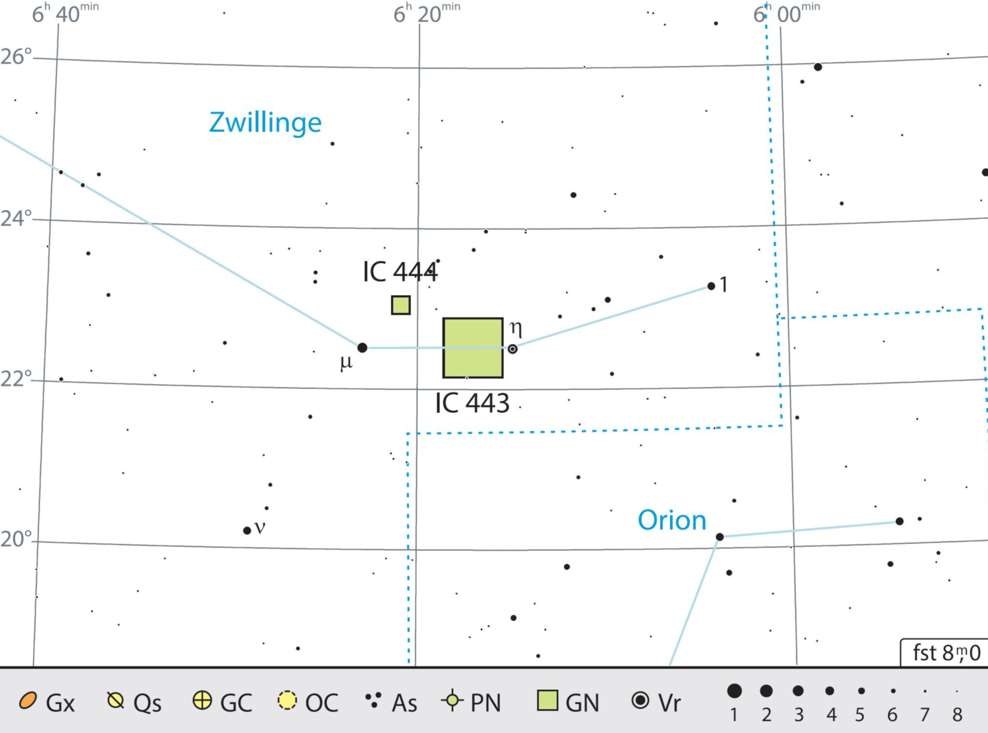 IC 443 este ușor de găsit între stelele μ și η din constelația Gemeni. J. Scholten