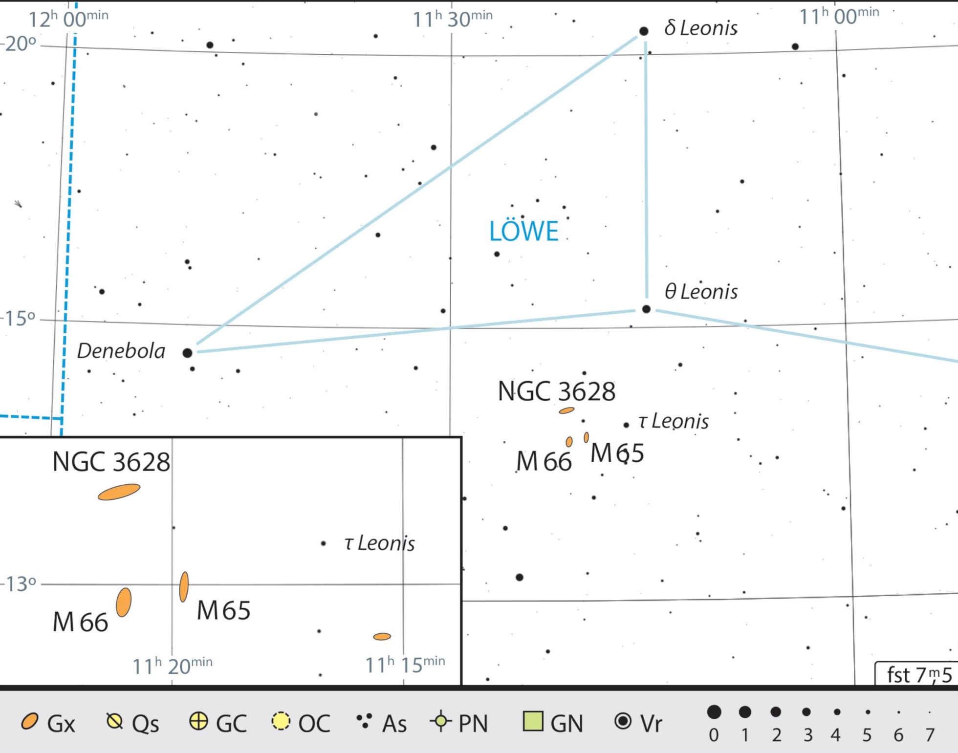 De la τ Leonis, galaxiile M 65 și M 66 se află la o depărtare de doar câteva câmpuri vizuale telescopice. J. Scholten 