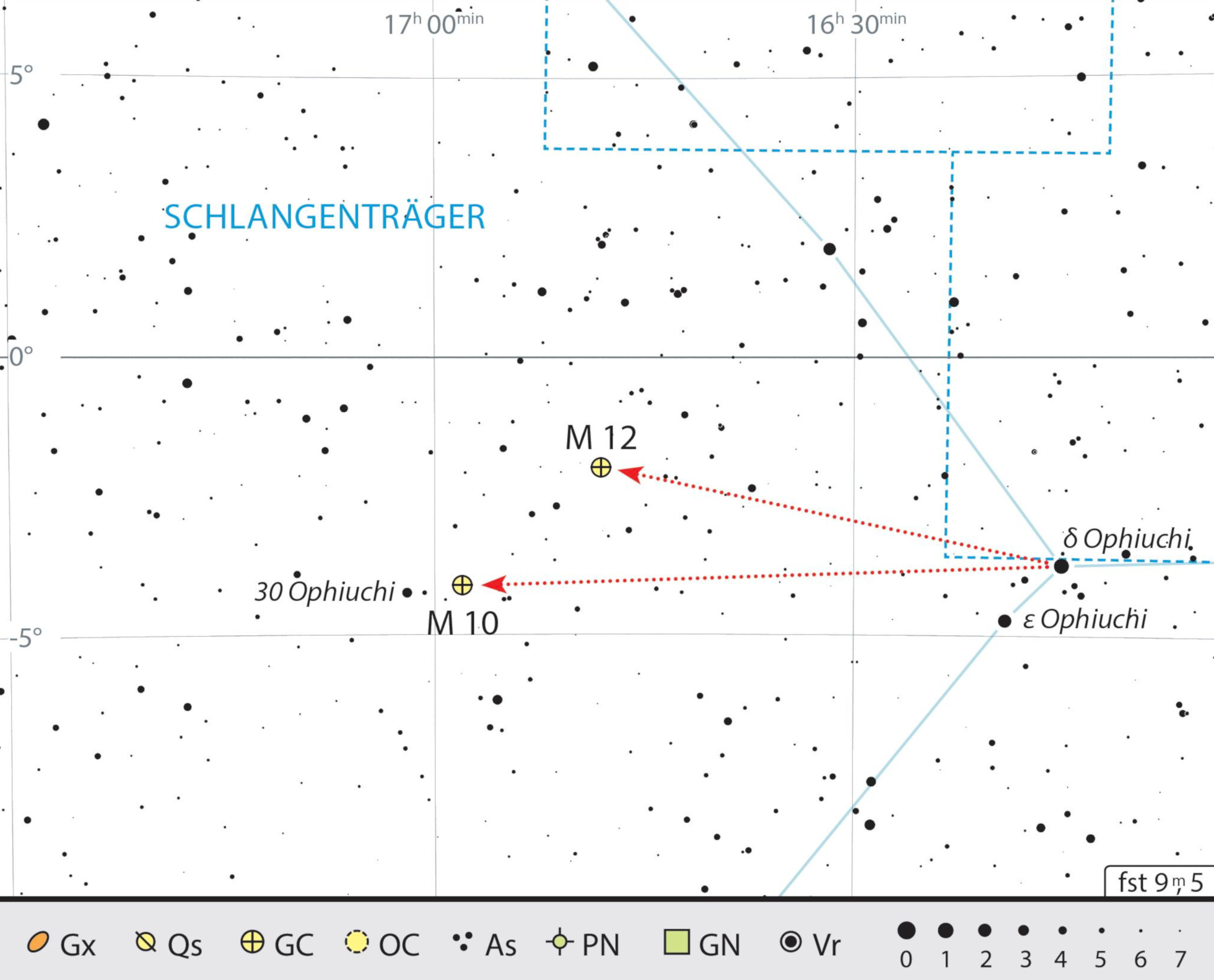Harta de căutare a celor două roiuri globulare M 10 și M 12 din constelația Omul cu șarpele. J. Scholten