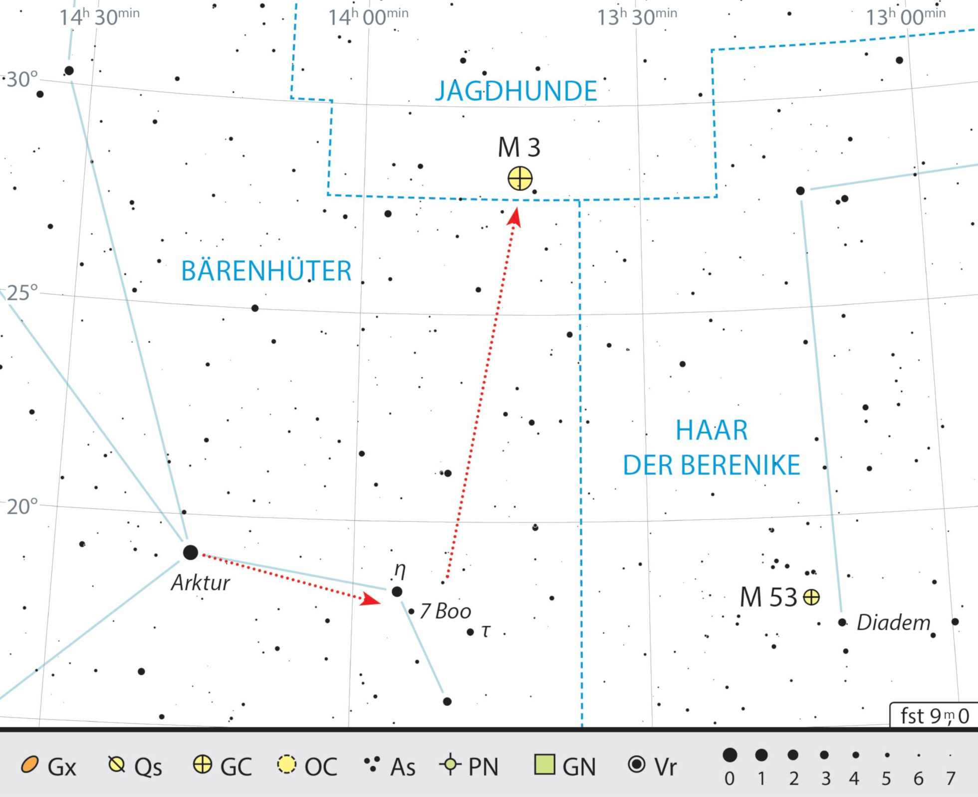 Hartă de căutare pentru nebuloasa M 3 din constelația Câinii de vânătoare. J. Scholte