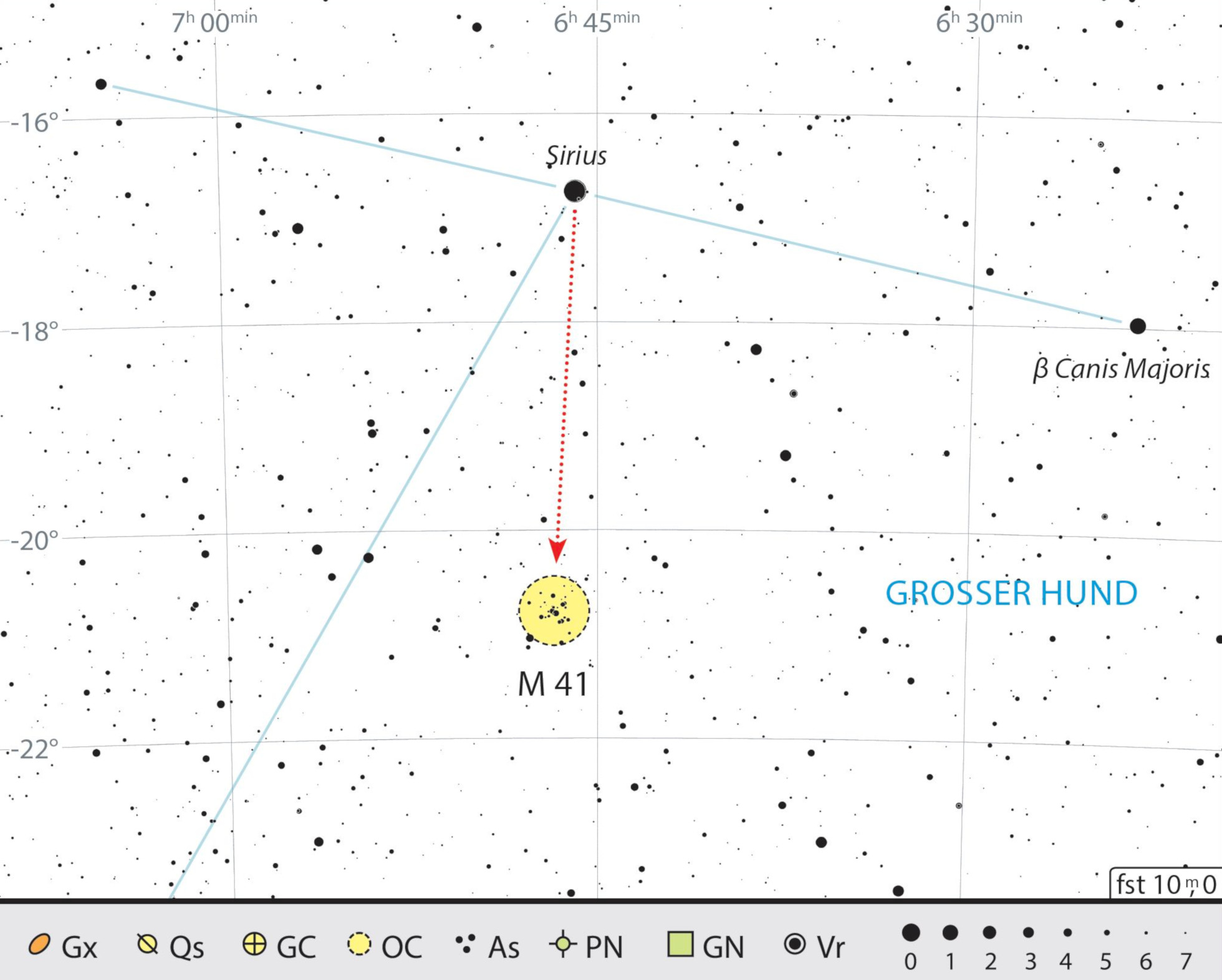 Harta de localizare a roiului stelar Messier 41 în constelația Câinele Mare. J. Scholten