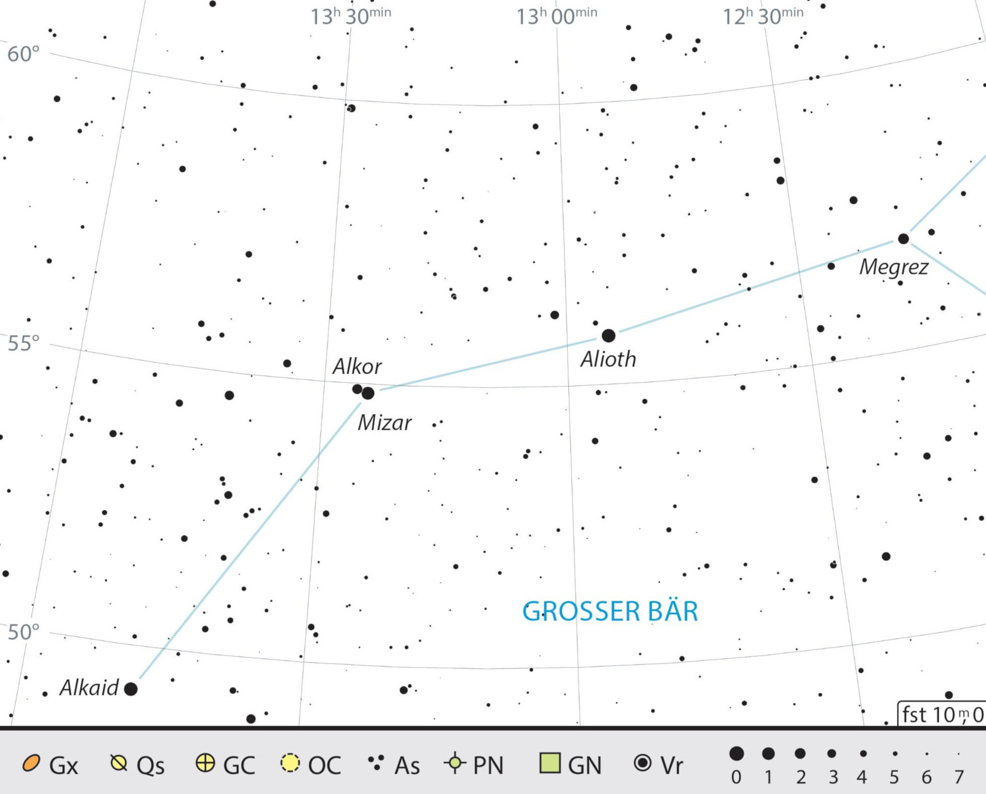Harta de localizare a stelelor Mizar și Alkor din Ursa Mare. J. Scholten