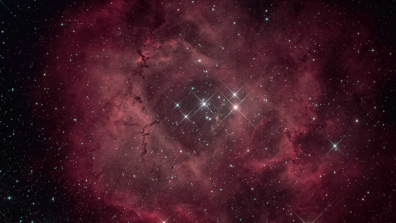 În funcție de obiectul care urmează să fie fotografiat, se recomandă diferite aparate foto. Pentru această imagine a nebuloasei Rozetă cu roiul stelar central NGC 2244, a fost folosit un aparat foto DSLR Canon D6 modificat Hα pe un telescop cu o distanță focală de 530 mm (raport focal f/5). Imaginea este compusă din 10 fotografii cu un timp de expunere de 450 de secunde fiecare (la ISO 1600). Timp de expunere total: 75 de minute. U. Dittler
