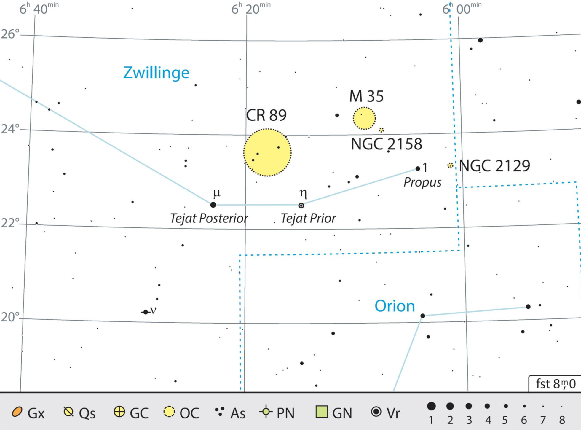 Hartă de căutare pentru un raid cu binoclul în constelația Gemeni. O hartă de ansamblu a constelației găsiți la pagina 35. J. Scholten