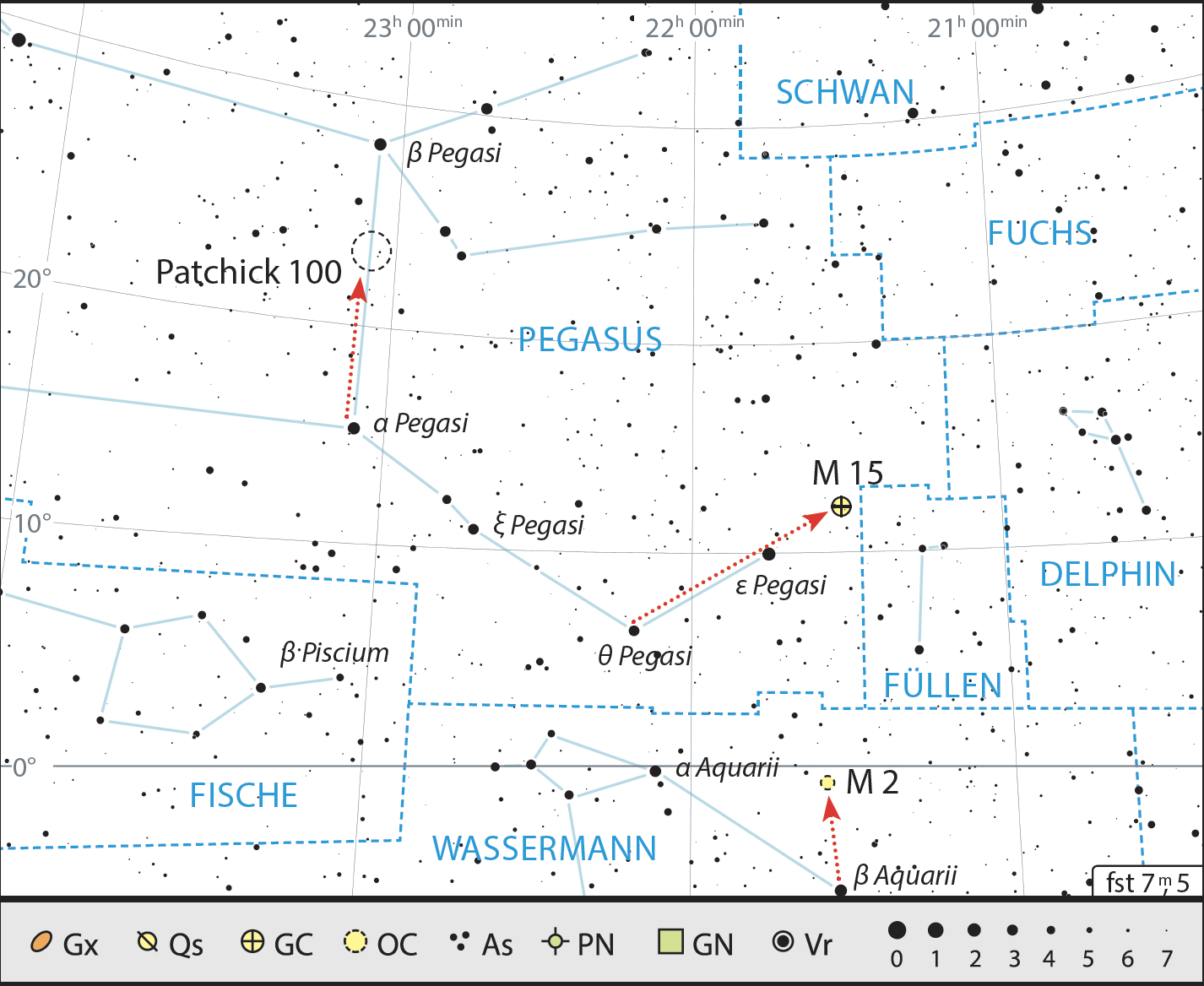 În această plimbare cu binoclul, trebuie să parcurgeți distanțe lungi pentru a găsi obiecte interesante în constelația Pegas. J. Scholten