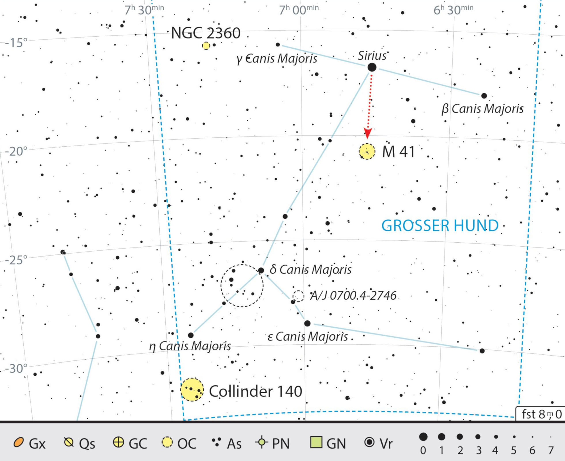 Hartă de căutare a obiectelor ce pot fi observate prin binoclu în constelația Câinele Mare. J. Scholten