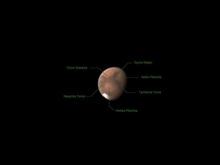 Fotografie a planetei Marte cu un SC de 8", ZWO ASI 224MC, ADC - la un seeing foarte bun în august 2020 (fotografie de J. Bates, Berlin)