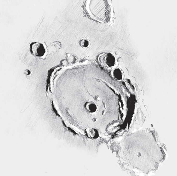 Desen al craterului Posidonius. Atrage atenția un lanț muntos, care pătrunde ușor spiralat în interiorul craterului. Serge Vieillard 