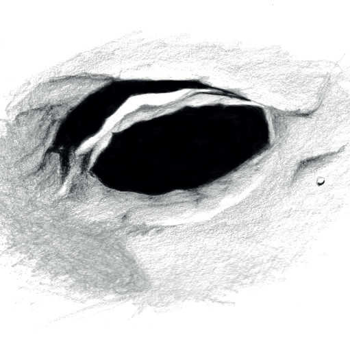 Desen: Când Soarele este într-o poziție joasă, zidul craterului Hercule se profilează înalt de pe solul lunar. Lambert Spix