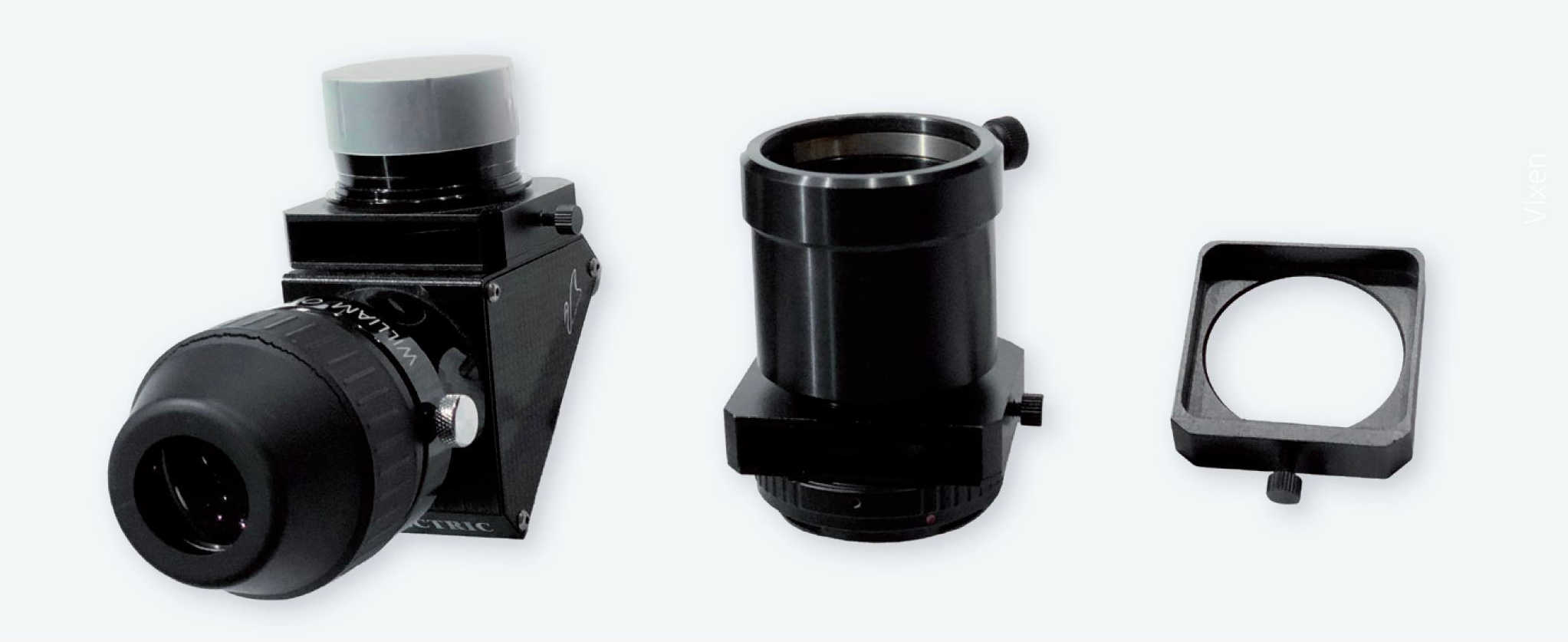 Sertare de filtre montate pe o prismă Zenit și pe un adaptor Canon EOS (roțile zimțate sunt folosite pentru a bloca sertarul), precum și sertarul de filtre propriu-zis (aici, roata zimțată servește drept mâner al sertarului). P. Oden
