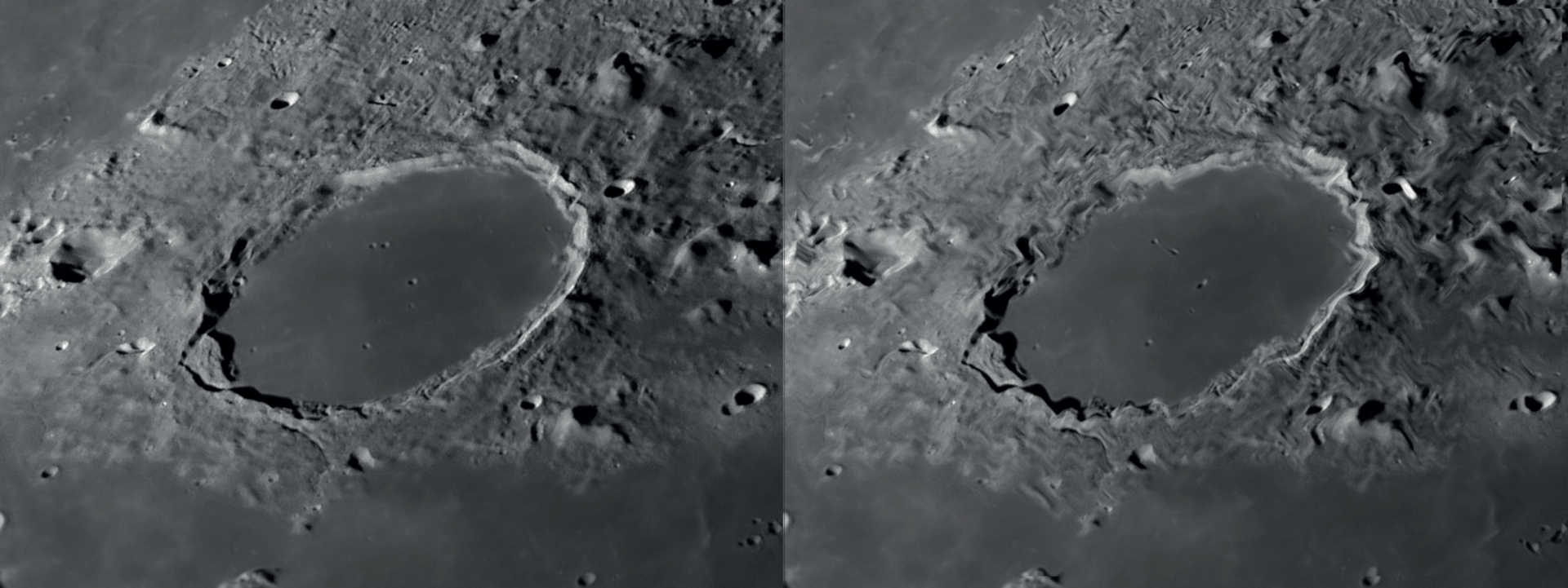 Dacă seeing-ul este bun, se pot recunoaște foarte multe detalii la observarea Lunii și planetelor (stânga). Mișcările lente ale aerului duc la distorsiuni localizate ale imaginii, în timp ce celelalte zone ale imaginii rămân clare (dreapta). NASA/GSFC/Arizona State University/L. Spix 