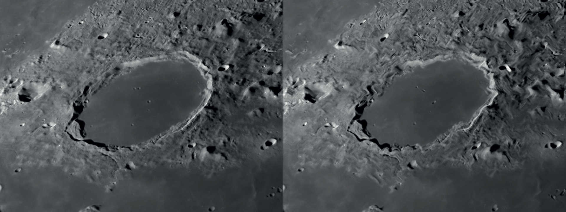 Dacă seeing-ul este bun, se pot recunoaște foarte multe detalii la observarea Lunii și planetelor (stânga). Mișcările lente ale aerului duc la distorsiuni localizate ale imaginii, în timp ce celelalte zone ale imaginii rămân clare (dreapta). NASA/GSFC/Arizona State University/L. Spix