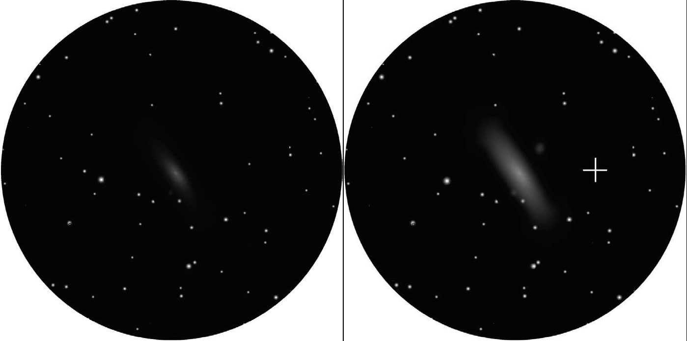 Cu ajutorul vederii indirecte (dreapta) se poate recunoaște și discul galaxiei Andromeda M 31. Crucea marchează un posibil punct de fixare a privirii observatorului. L. Spix