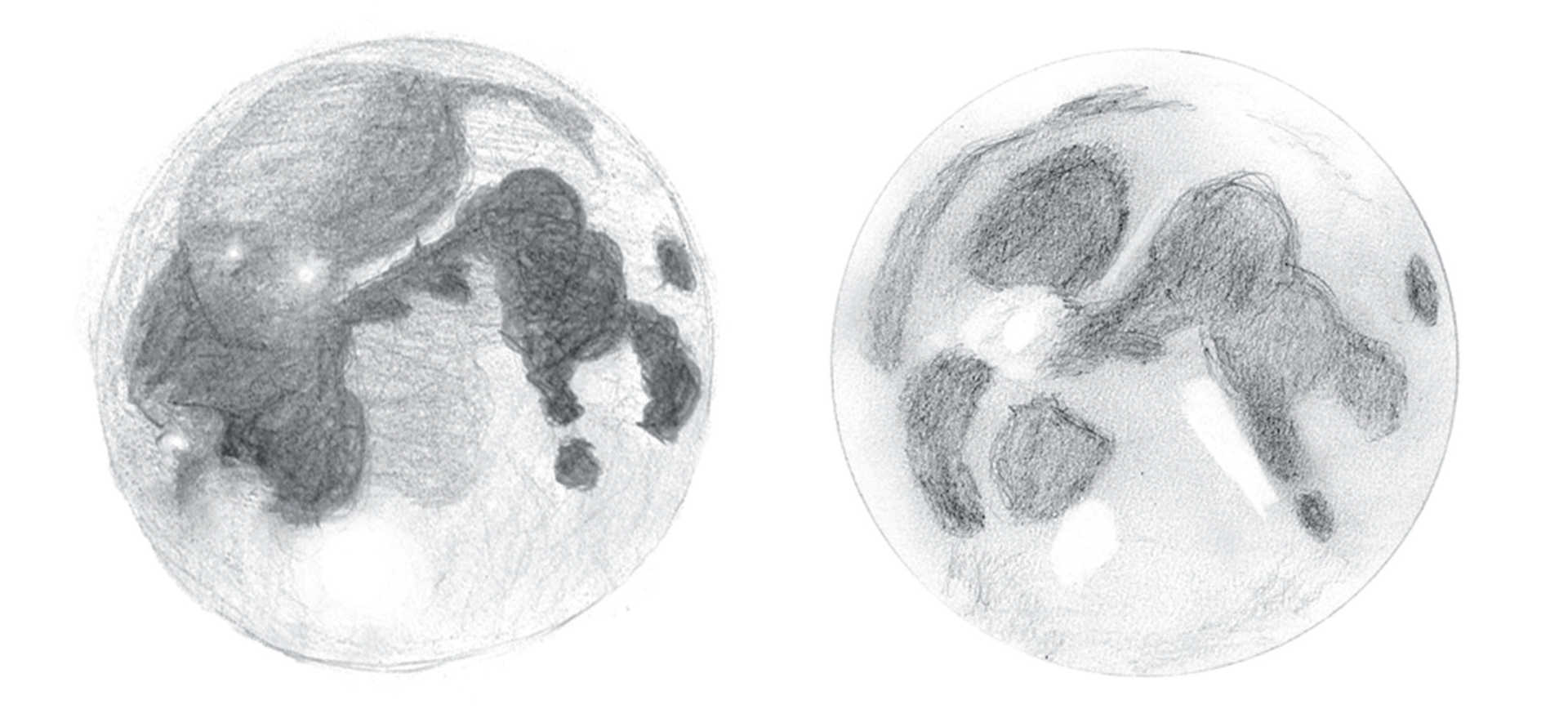 Două desene ale Lunii pline cu ochiul liber. Structura radială a lui Tycho este vizibilă cu ochiul liber ca o pată luminoasă. La fel pot fi identificate și craterele Copernic și Kepler. Lambert Spix, Kay Hempel