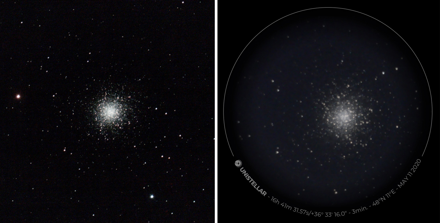 Comparație între Stellina și eVscope pe roiul stelar globular M 13. Timp de expunere: Vaonis 25 de minute, Unistellar 3 minute 