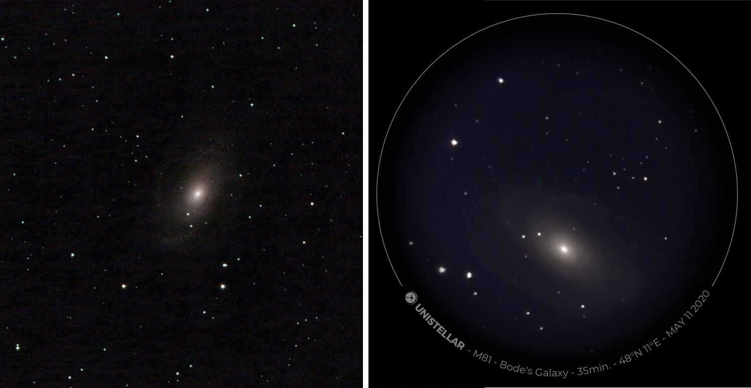 Comparația dintre cele două telescoape pe galaxia M 81. Timp de expunere: Vaonis 30 de minute, Unistellar 35 de minute 
