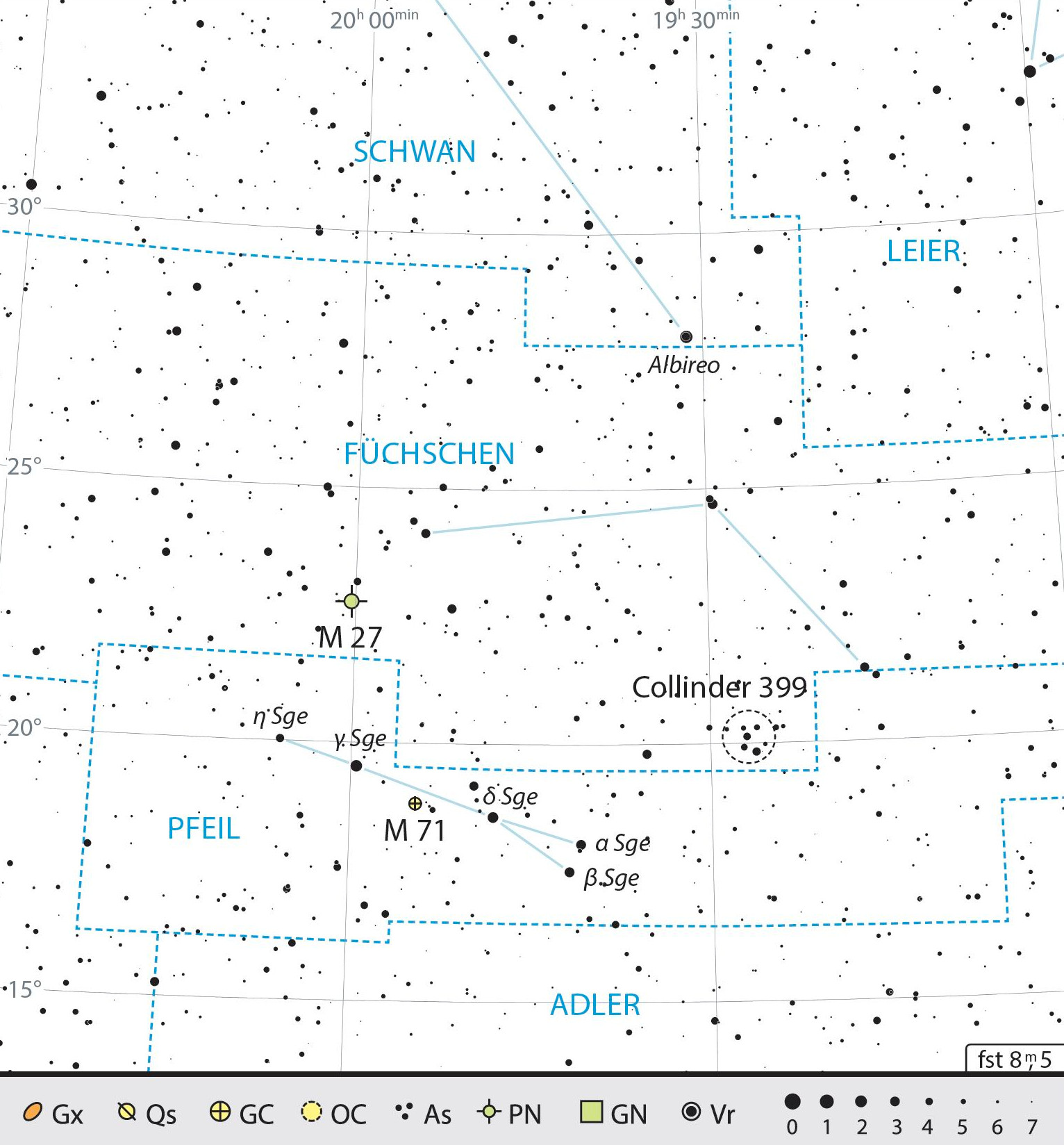 Harta constelațiilor Săgeata și Vulpea cu recomandările pentru observare. J. Scholten 