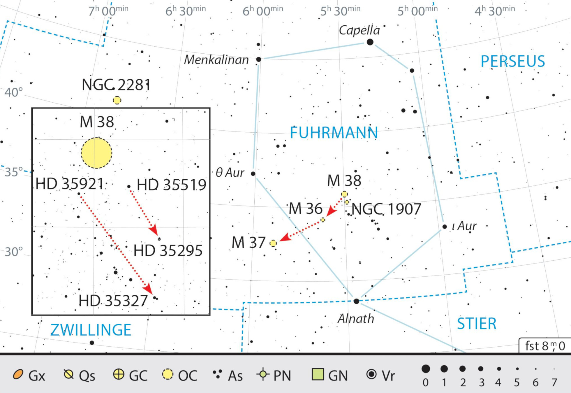 Harta constelației Auriga cu recomandările pentru observare. J. Scholten 