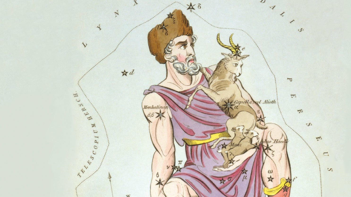 Cu toate că denumirea latină Auriga se traduce prin vizitiu, reprezentările vizuale arată mai mult un păstor de capre.