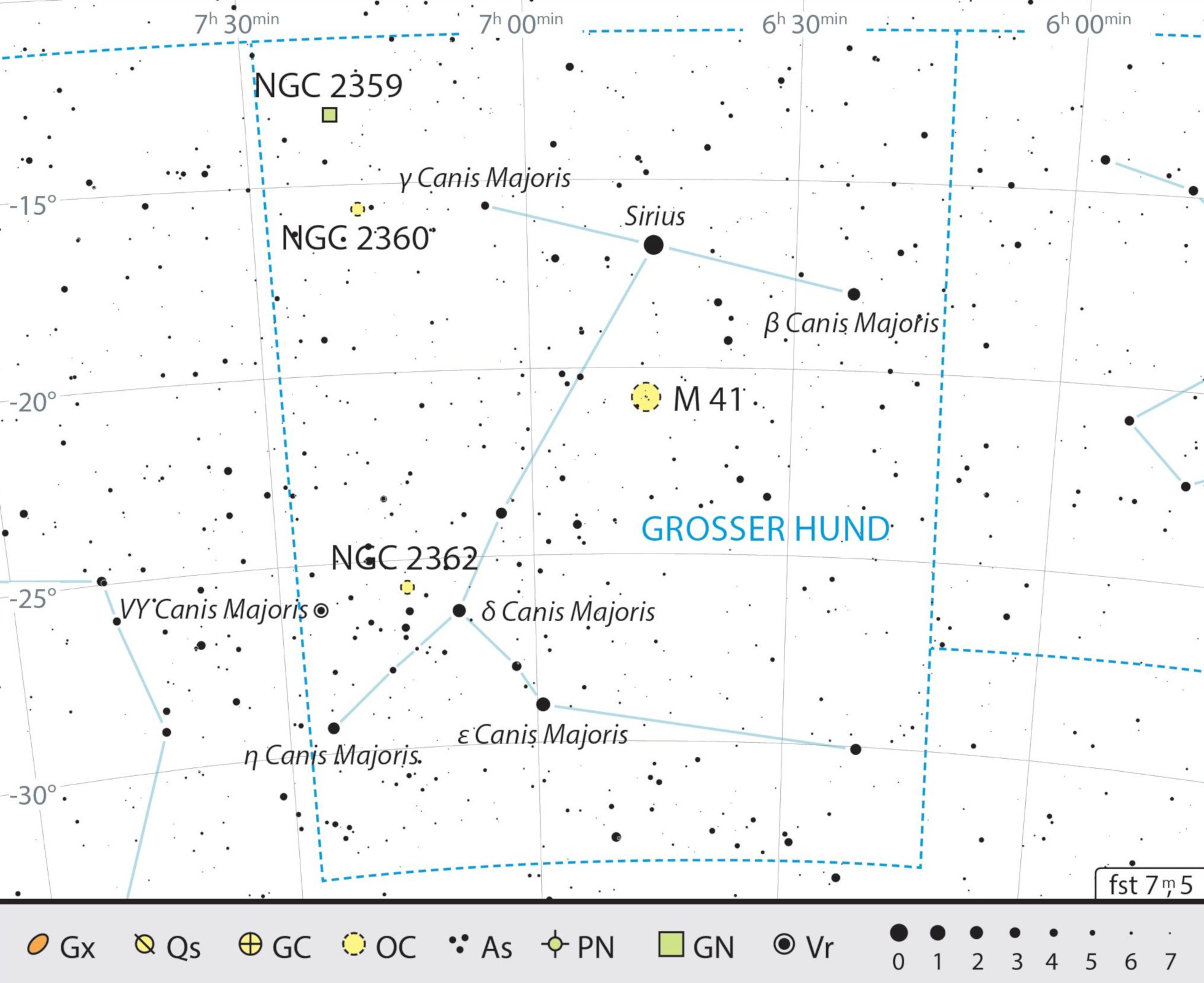 Harta constelației Câinele Mare cu recomandările pentru observare. J. Scholten 