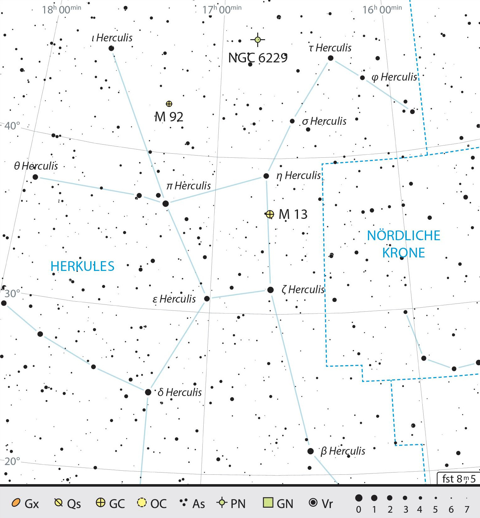 Harta constelației Hercule cu recomandările pentru observare. J. Scholten 