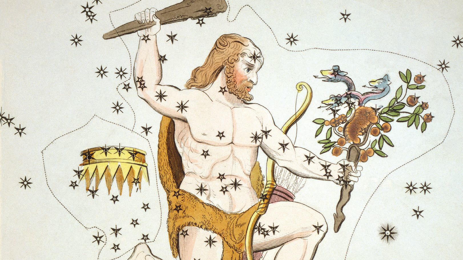 Reprezentările istorice îl arată pe Hercule complet, cu ghioaga în mână, cu blana leului și merele de aur furate. 