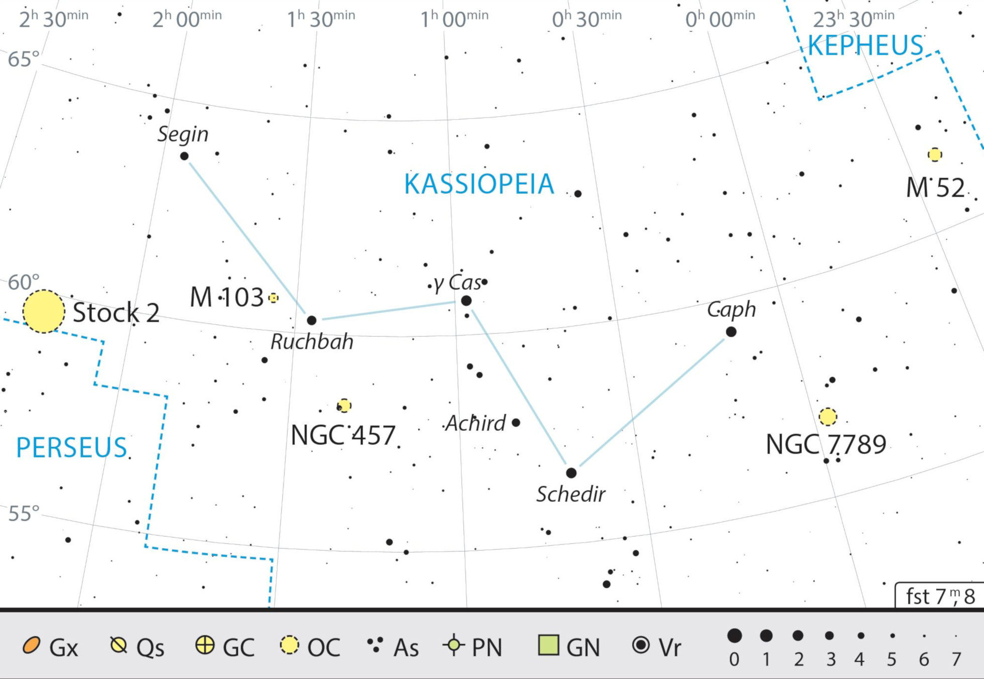 Harta constelației Cassiopeia cu recomandările pentru observare. J. Scholten
