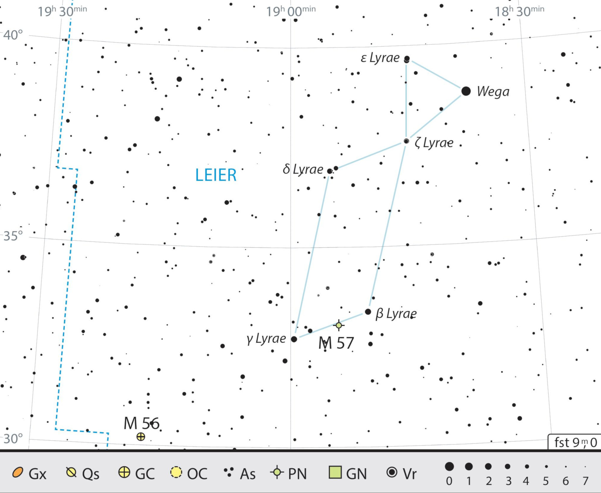 Harta constelației Lira cu recomandările pentru observare. J. Scholten 