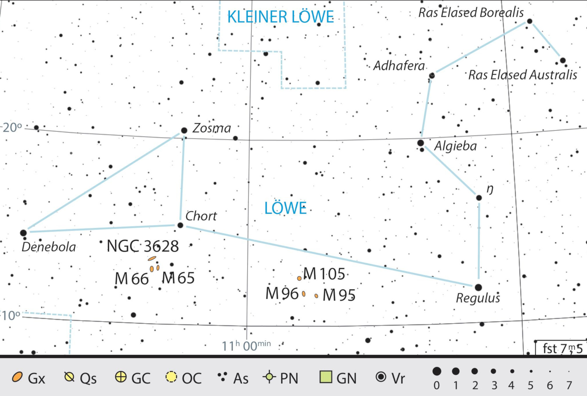 Harta constelației Leu cu recomandările pentru observare. J. Scholten 