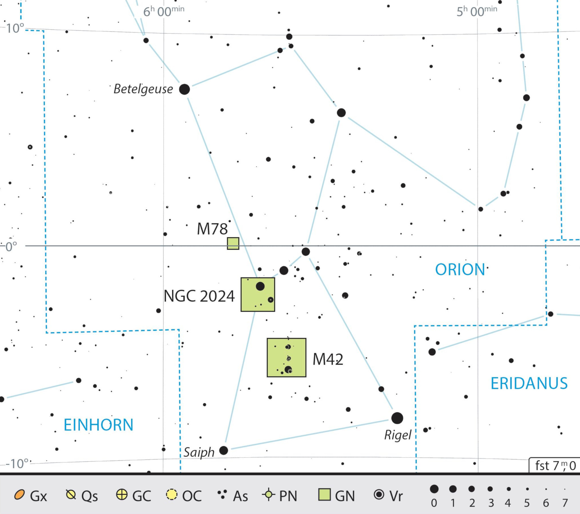 Harta constelației Orion cu recomandările pentru observare. J. Scholten 