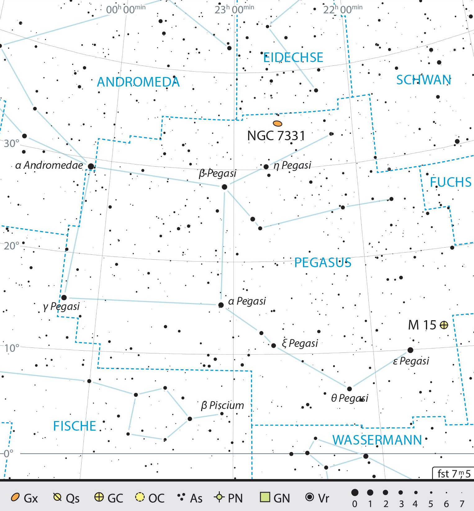 Harta constelației Pegas cu recomandările pentru observare. J. Scholten
