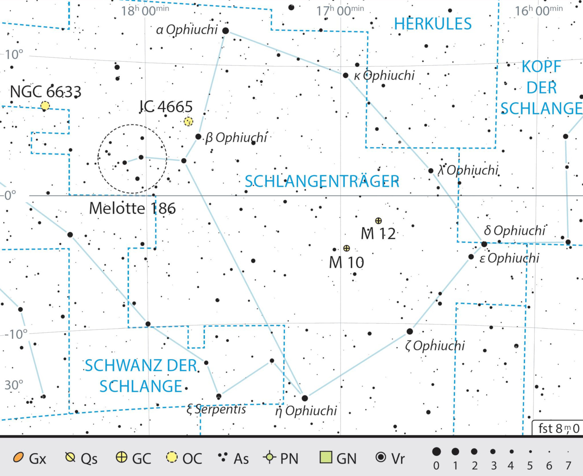 Harta constelației Omul cu șarpele cu recomandările pentru observare. J. Scholten 