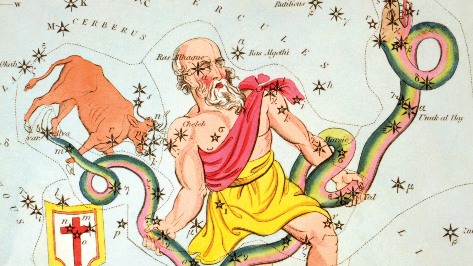 Reprezentările vechi arată Omul cu șarpele împreună cu constelația Taurul lui Poniatowski, astăzi pierdută. 