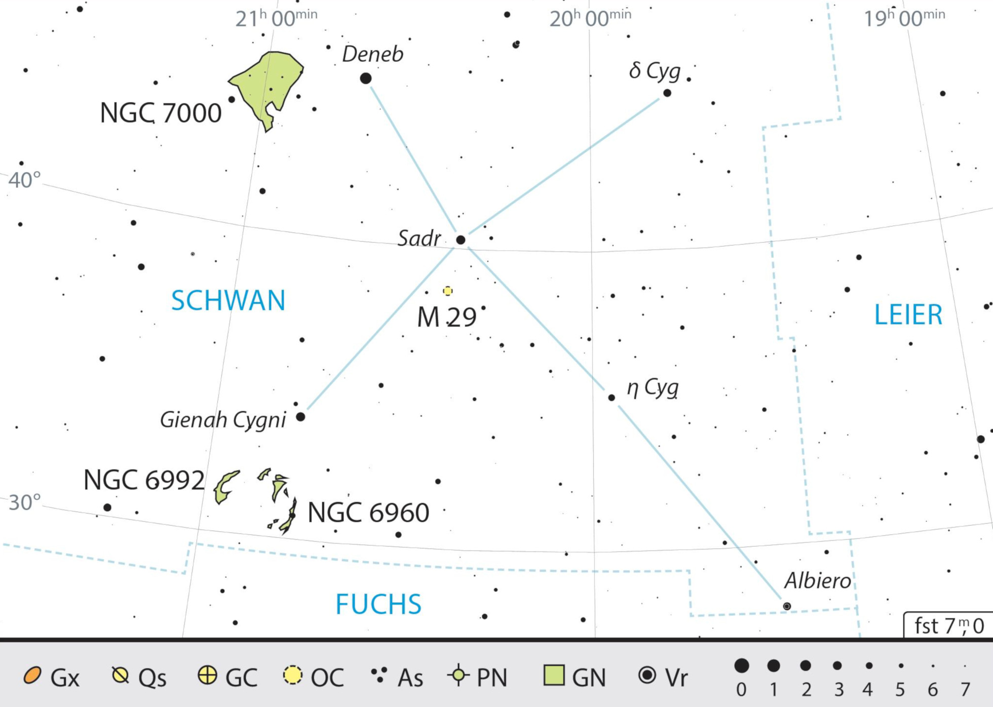 Harta constelației Lebăda cu recomandările pentru observare. J.Scholten 